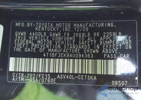2010 Toyota Camry Se z USA, uszkodzony, nr VIN 4T1BF3EK8AU094363